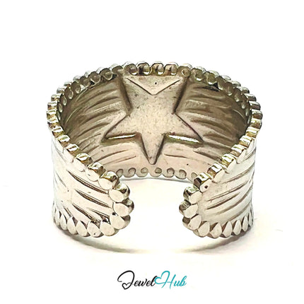 DuoTone StarCrest Stainless Steel Ring · Adjustable OPQ · Sculptural Star CA