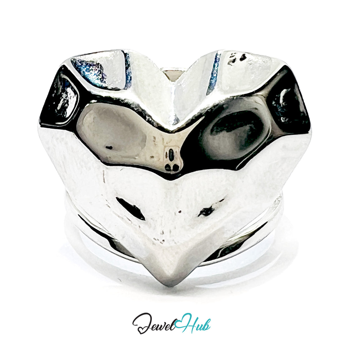 Silver heart-shaped charm on a white background with 'Jewel Hub' branding.