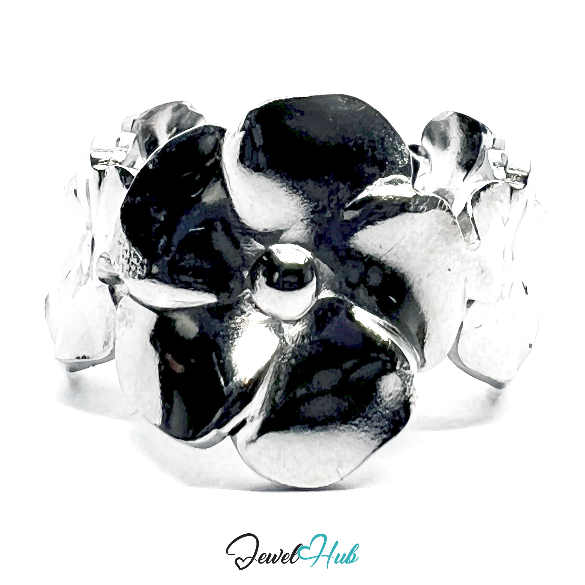 Silver ring with Flowery style on a white background, branded 'Jewel Hub'.