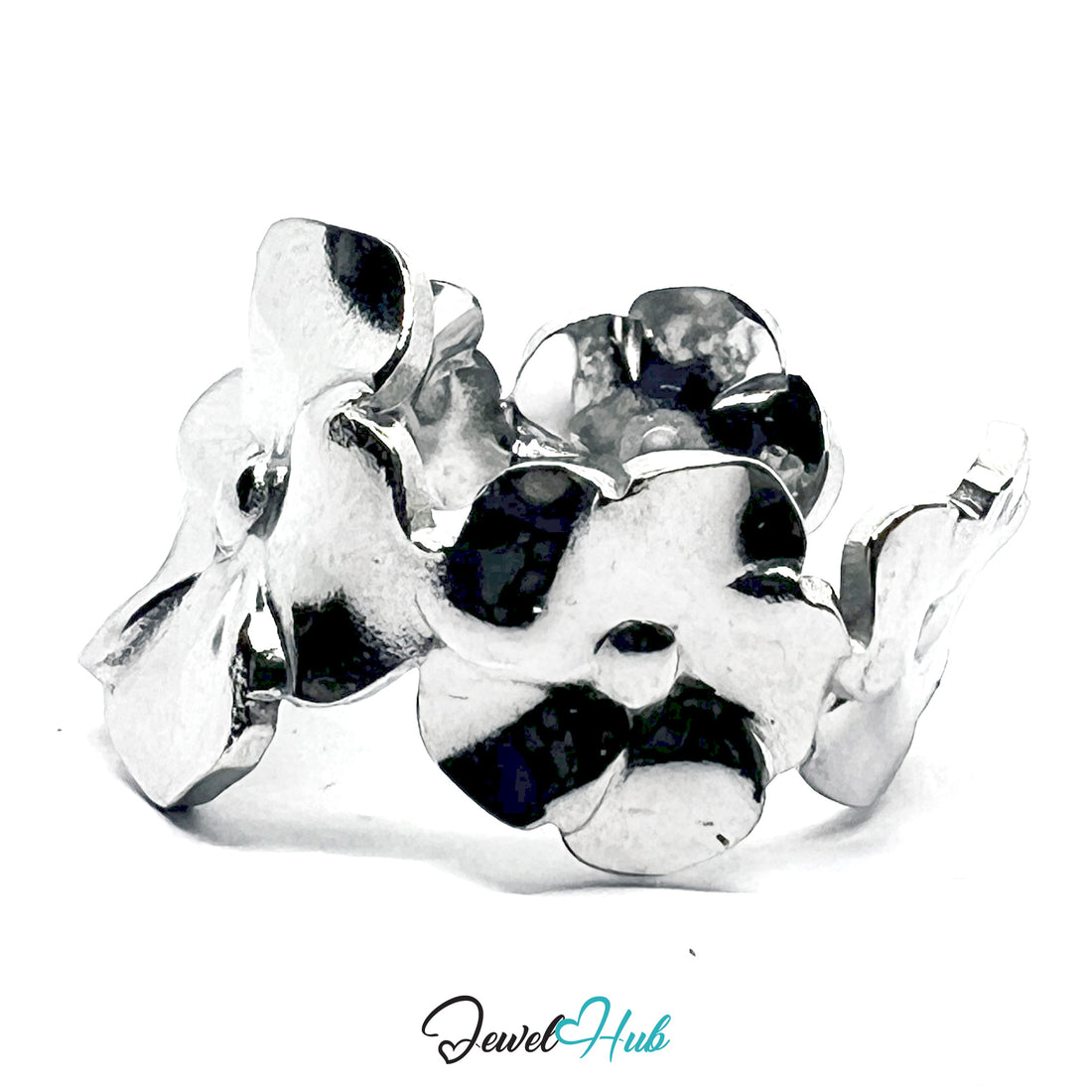 Silver ring with Flowery style on a white background, branded 'Jewel Hub'.