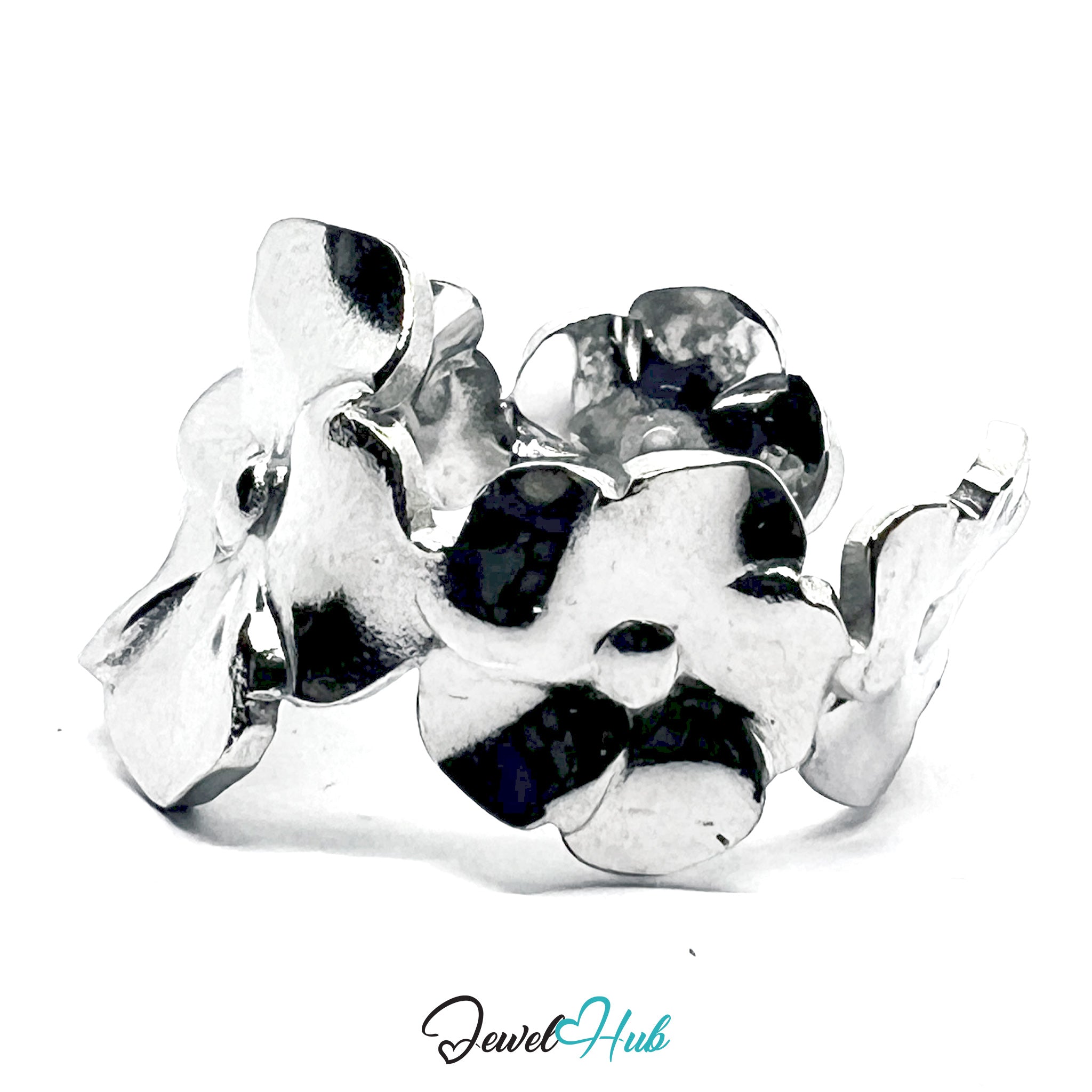 Silver floral ring on a white background, branded 'Jewel Hub'.