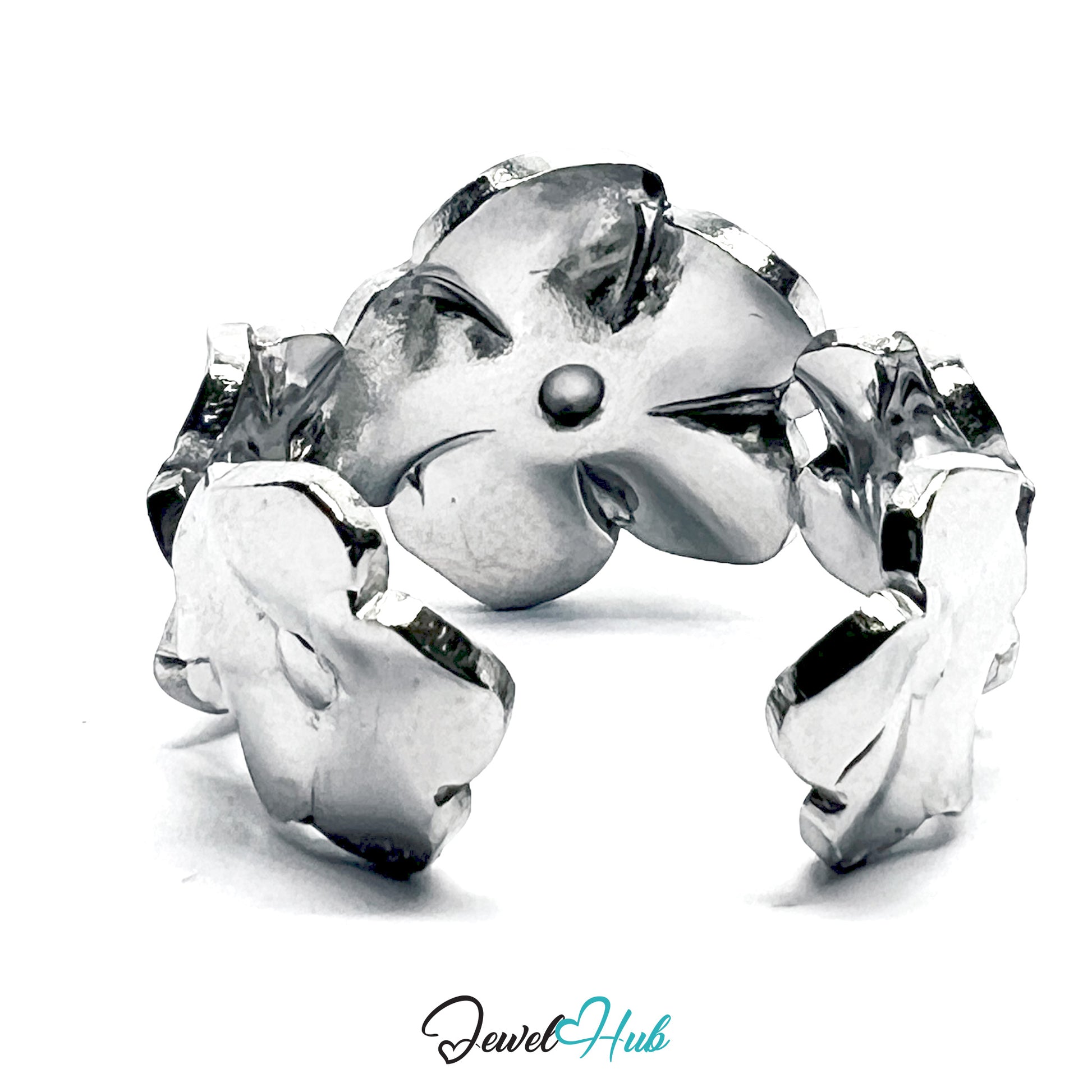 Silver ring with floral design on a white background, branded 'Jewel Hub'.