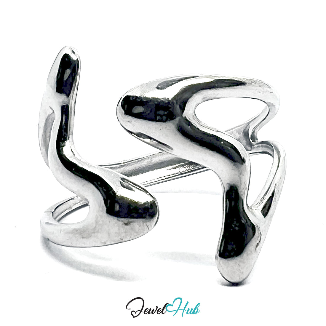 Silver ring with wavy design on a white background, branded 'Jewel Hub'.