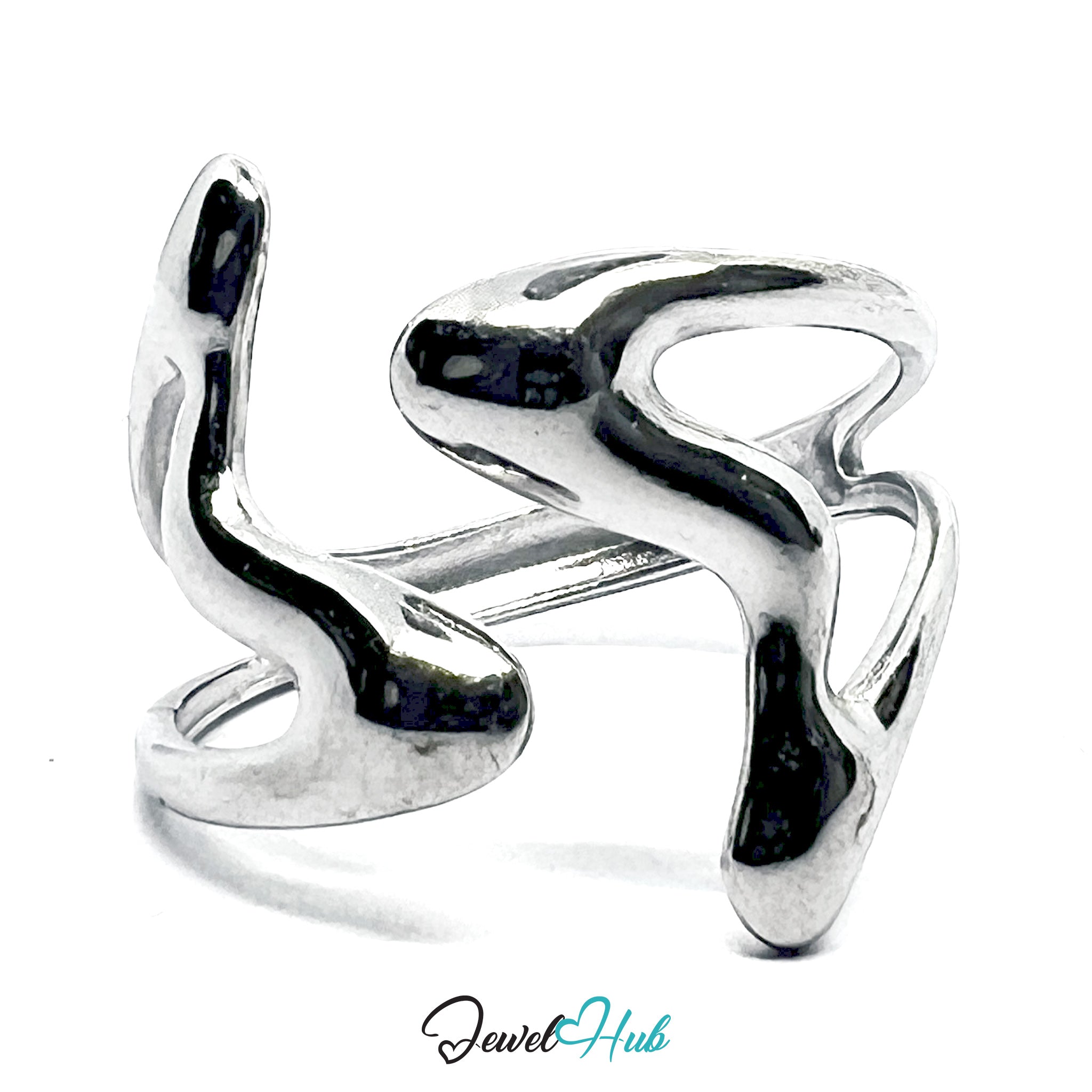 Silver ring with wavy design on a white background, branded 'Jewel Hub'.