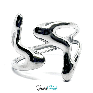 Silver ring with wavy design on a white background, branded 'Jewel Hub'.