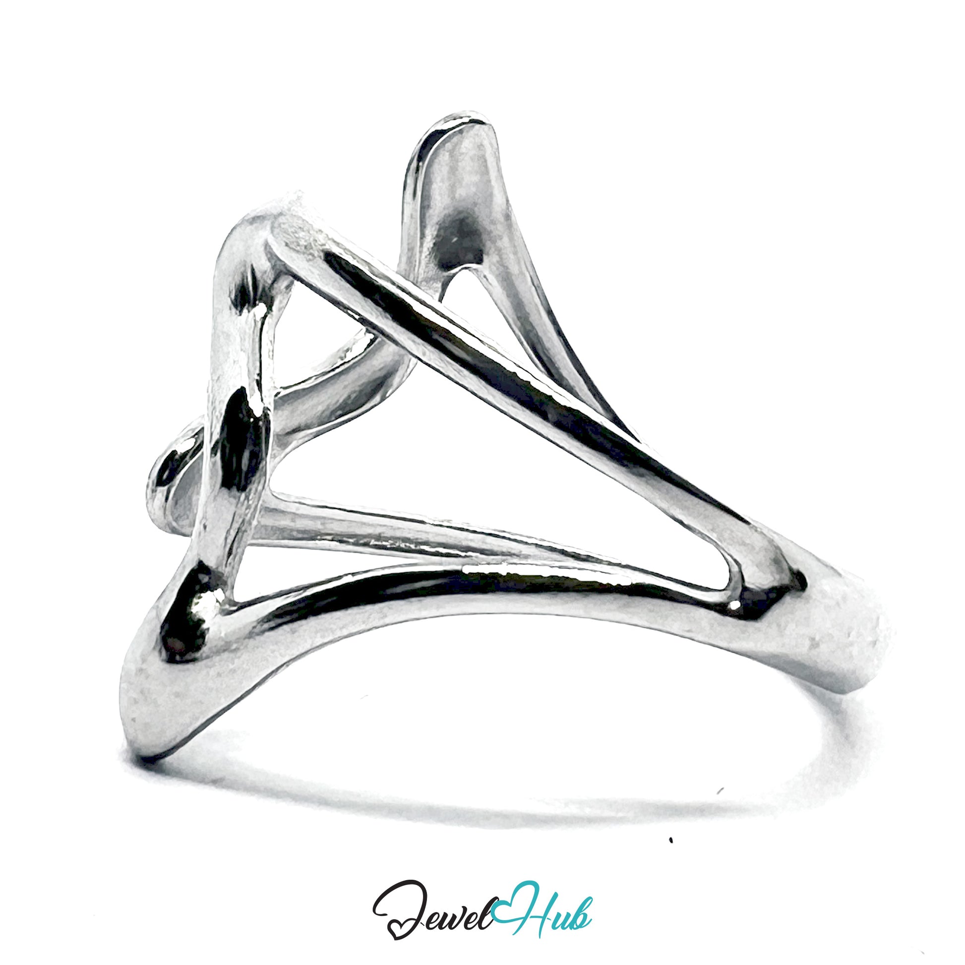 Silver ring with a geometric design on a white background, branded 'Jewel Hub'.