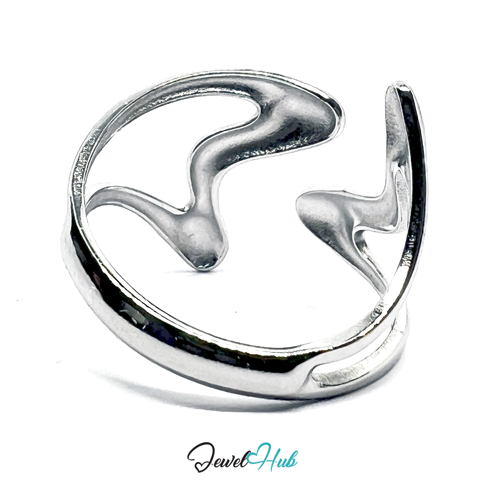 Silver ring with a unique design on a white background, branded 'Jewel Hub'.