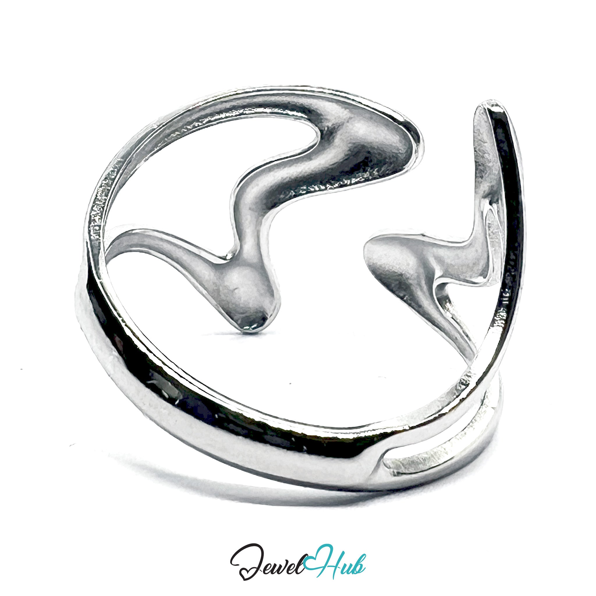 Silver ring with a unique design on a white background, branded 'Jewel Hub'.
