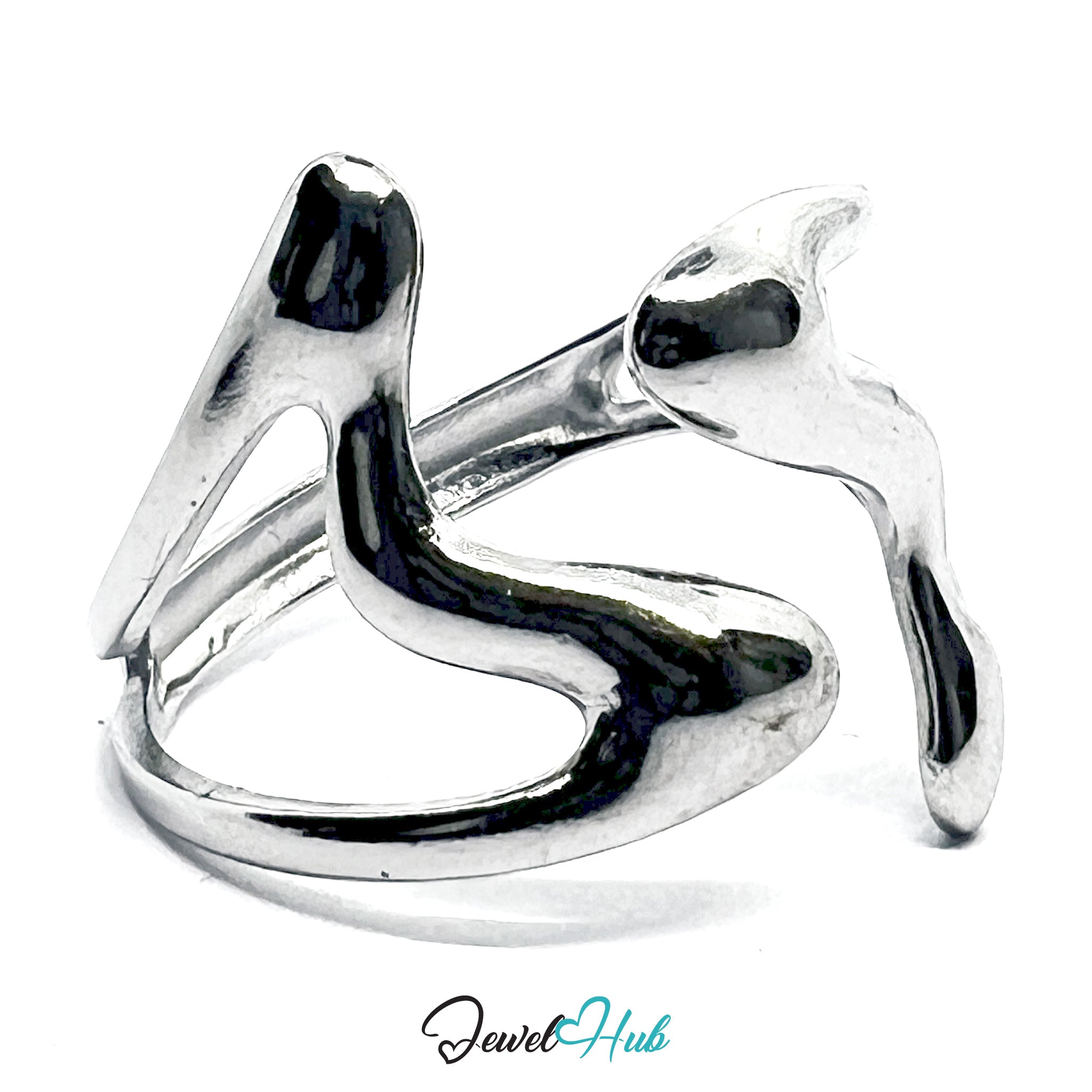 Silver ring with a unique design on a white background, branded 'Jewel Hub'.
