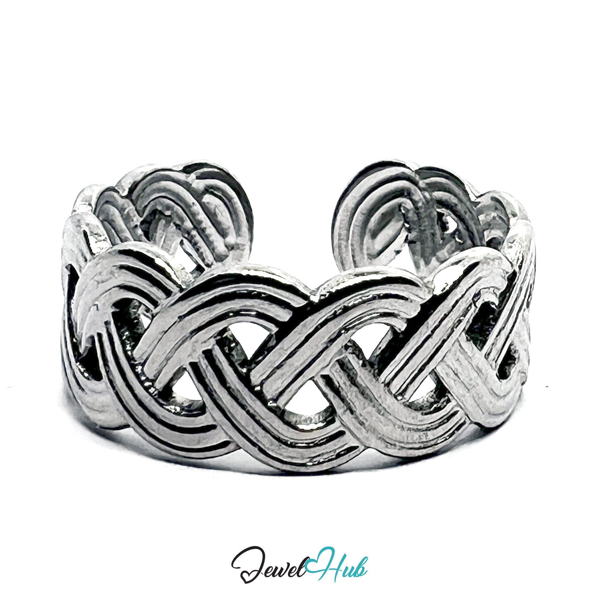 Stainless Steel Silver Braided Ring – Open-End Woven Design