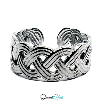 Stainless Steel Silver Braided Ring – Open-End Woven Design