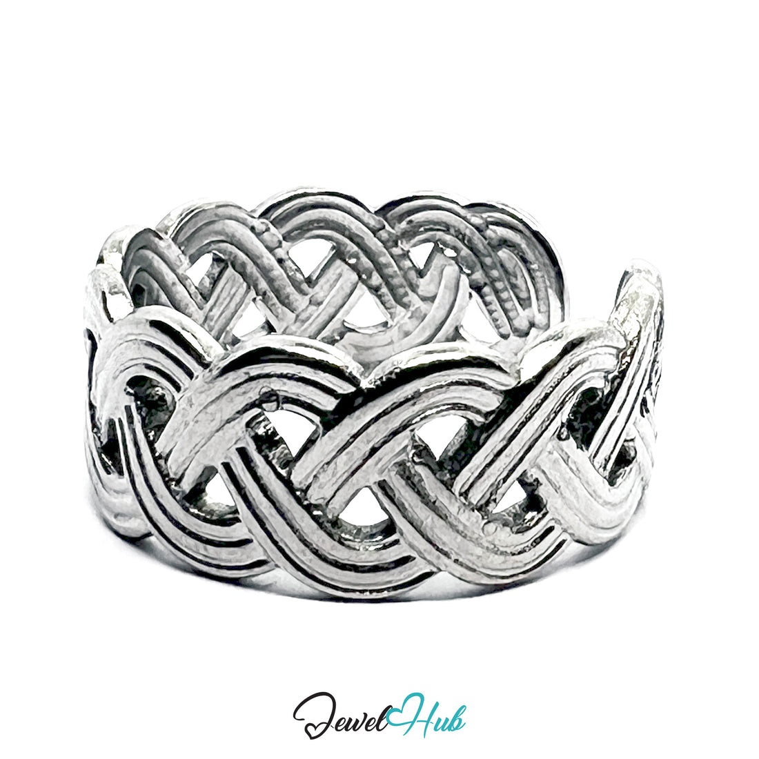 Stainless Steel Silver Braided Ring – Open-End Woven Design