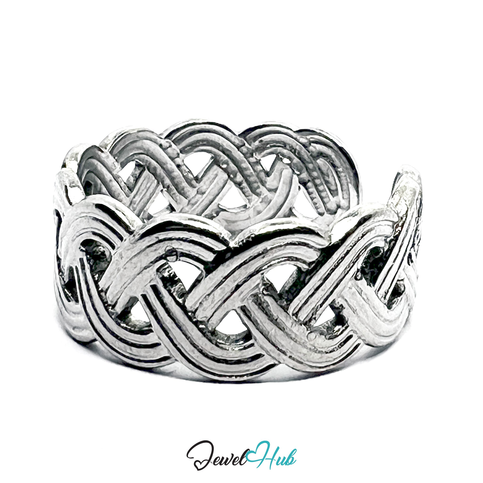 Stainless Steel Silver Braided Ring – Open-End Woven Design