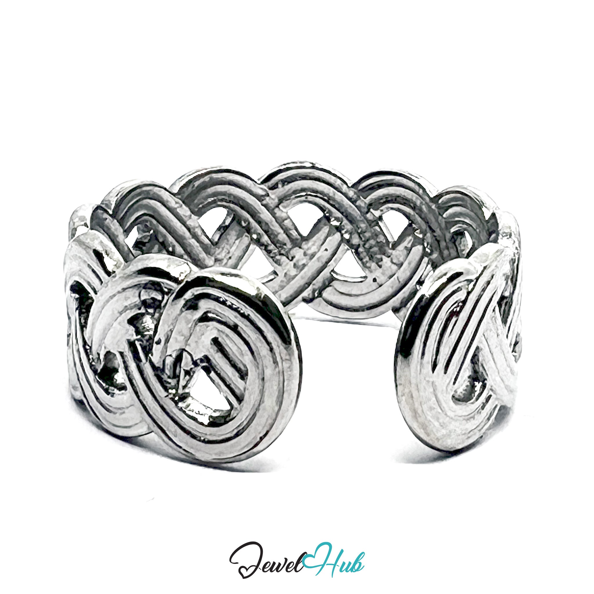 Stainless Steel Silver Braided Ring – Open-End Woven Design