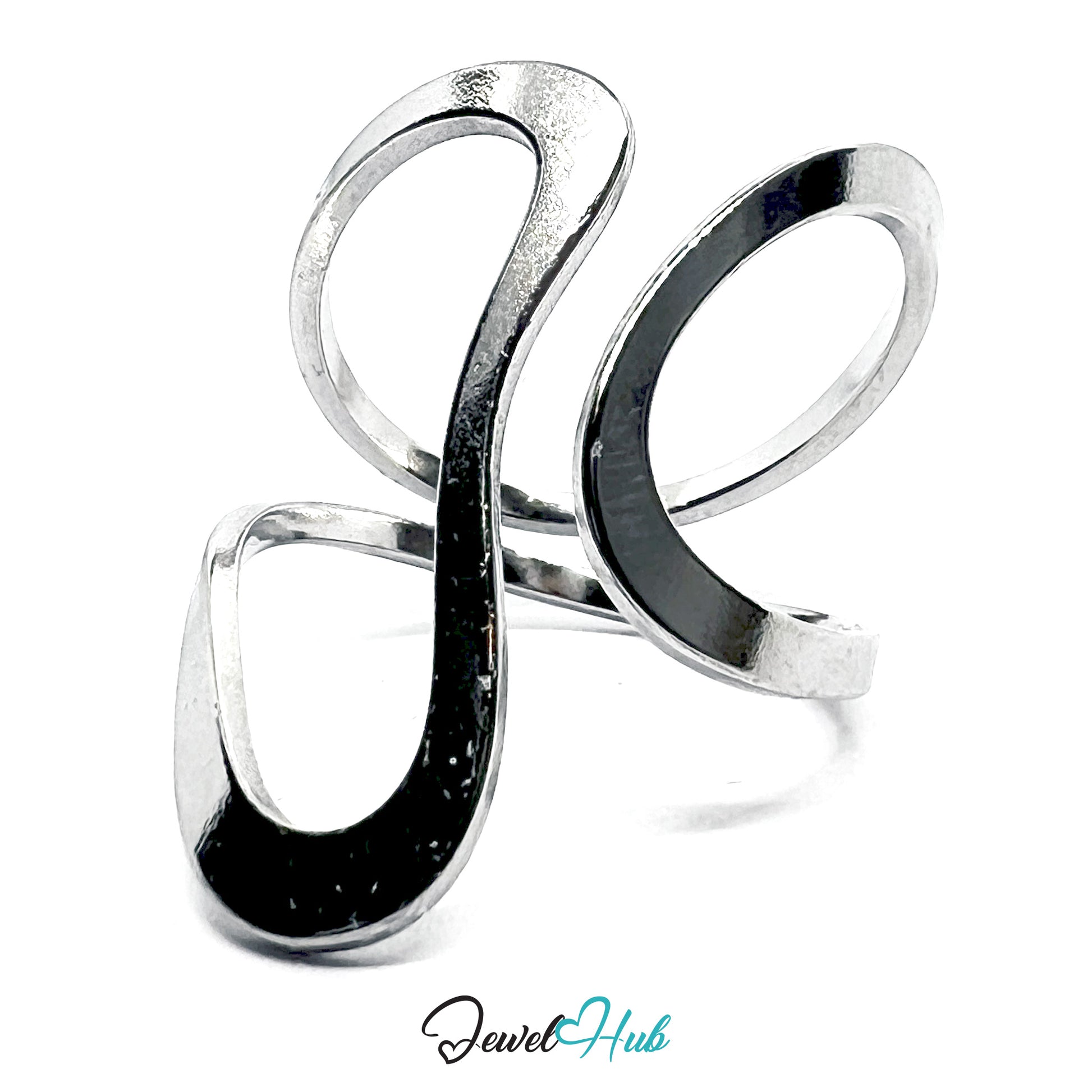 Silver open ring with a unique design on a white background, branded 'Jewel Hub'.