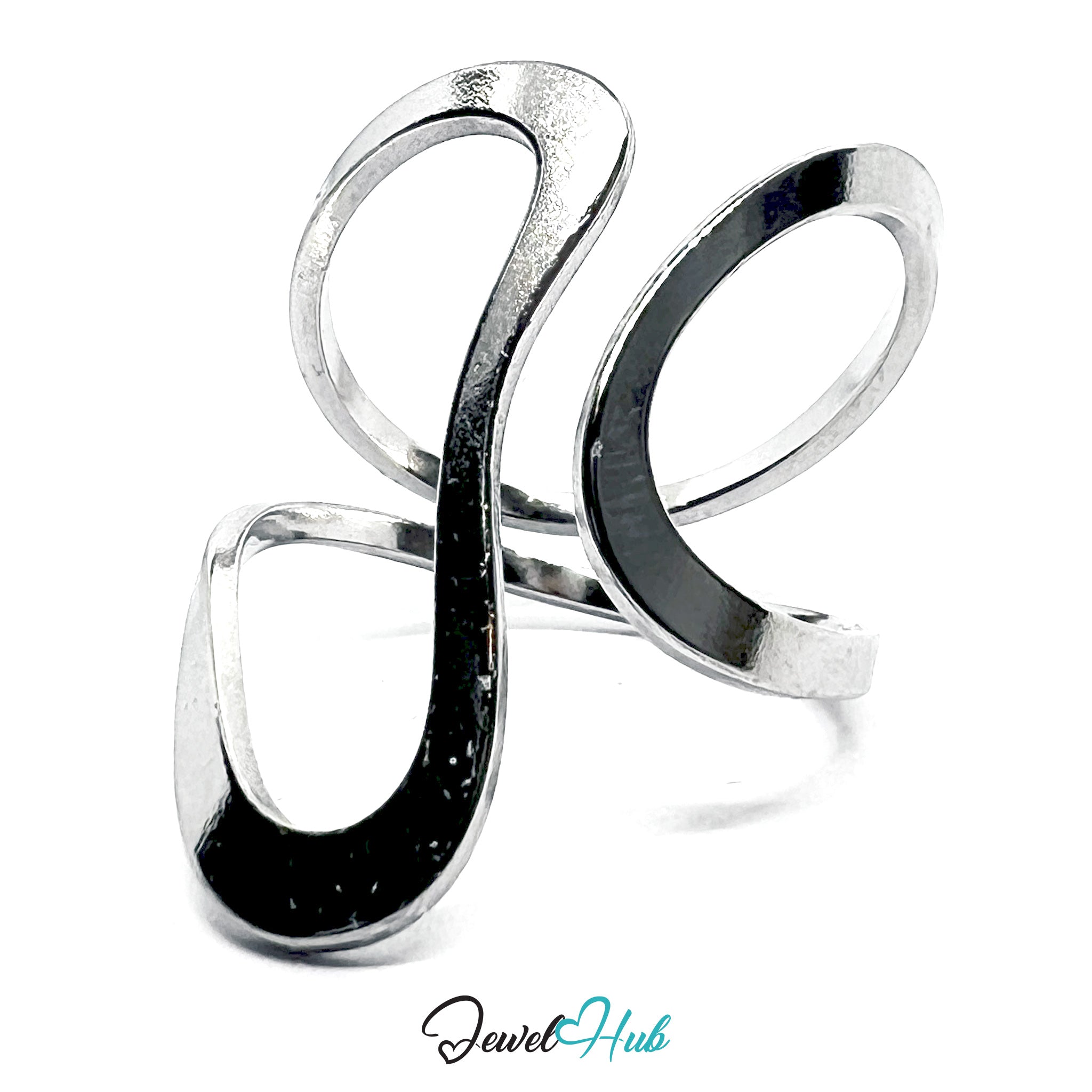 Silver open ring with a unique design on a white background, branded 'Jewel Hub'.