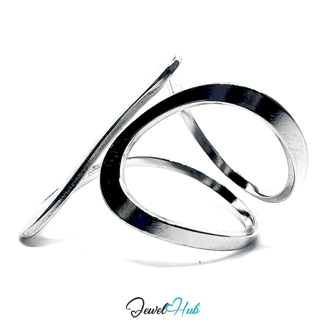 Silver open ring with a unique design on a white background, branded 'Jewel Hub'.