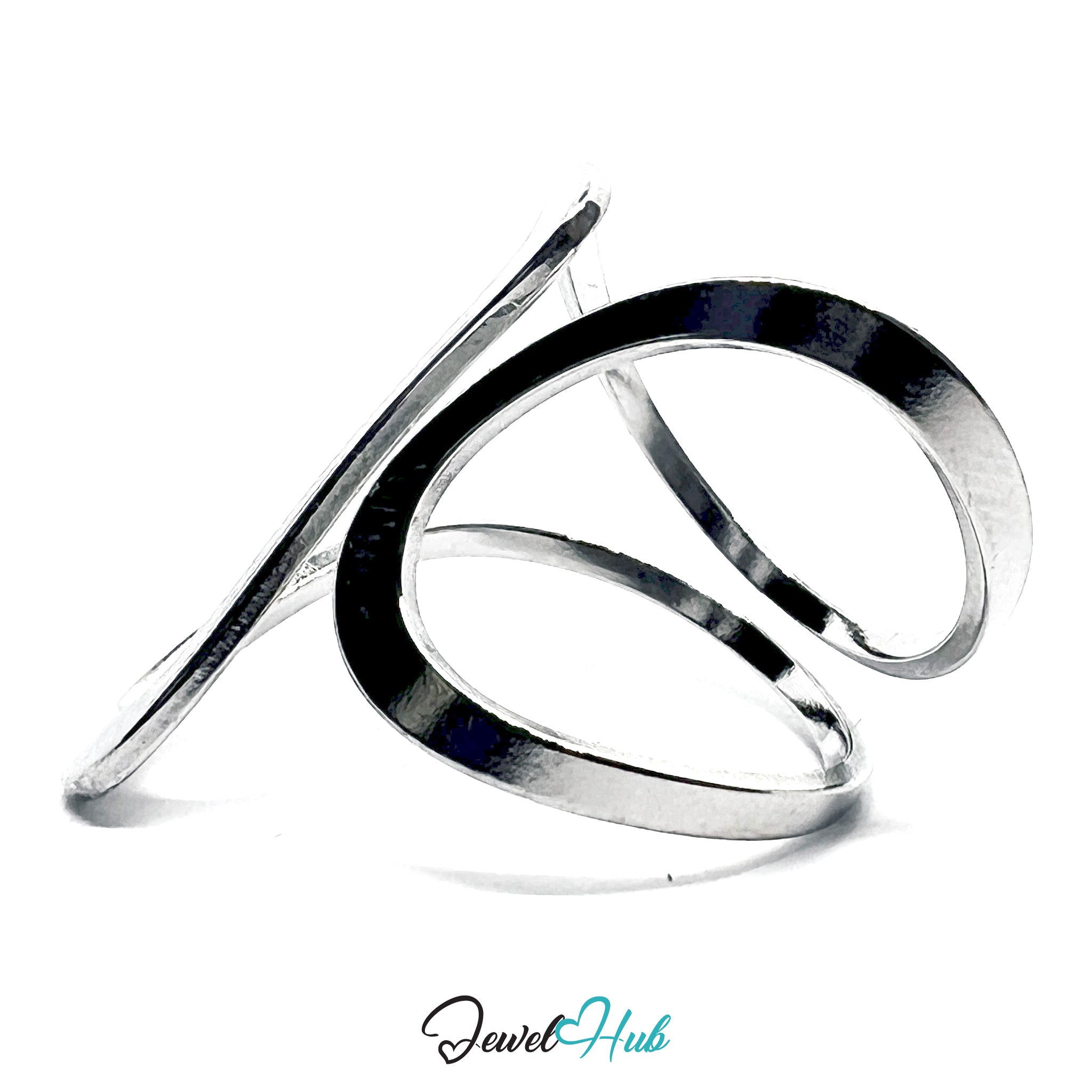Silver spiral ring on a white background with 'Jewel Hub' branding.