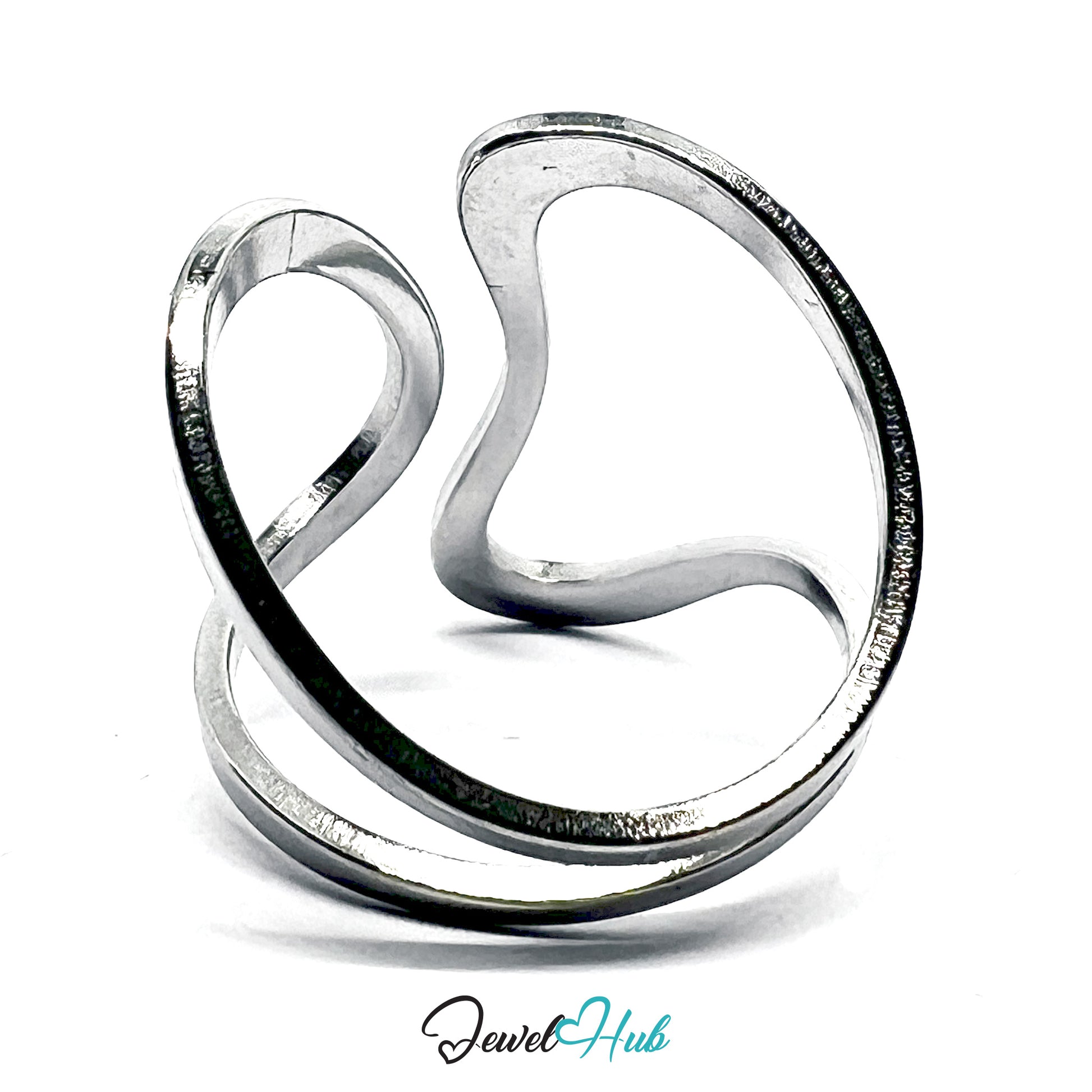 Silver ring with a unique design on a white background, branded 'Jewel Hub'.