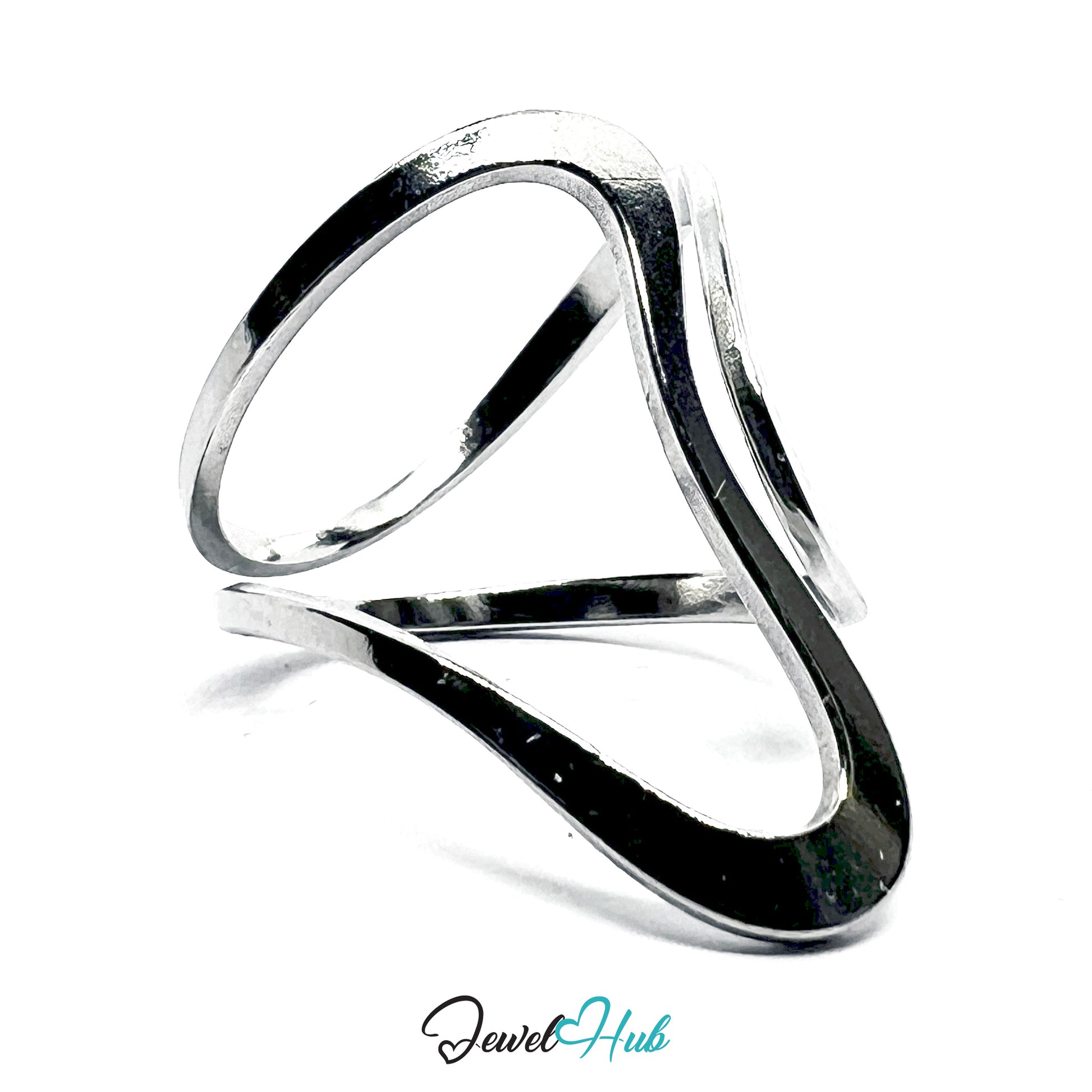 Silver ring with a modern design on a white background, branded 'Jewel Hub'.