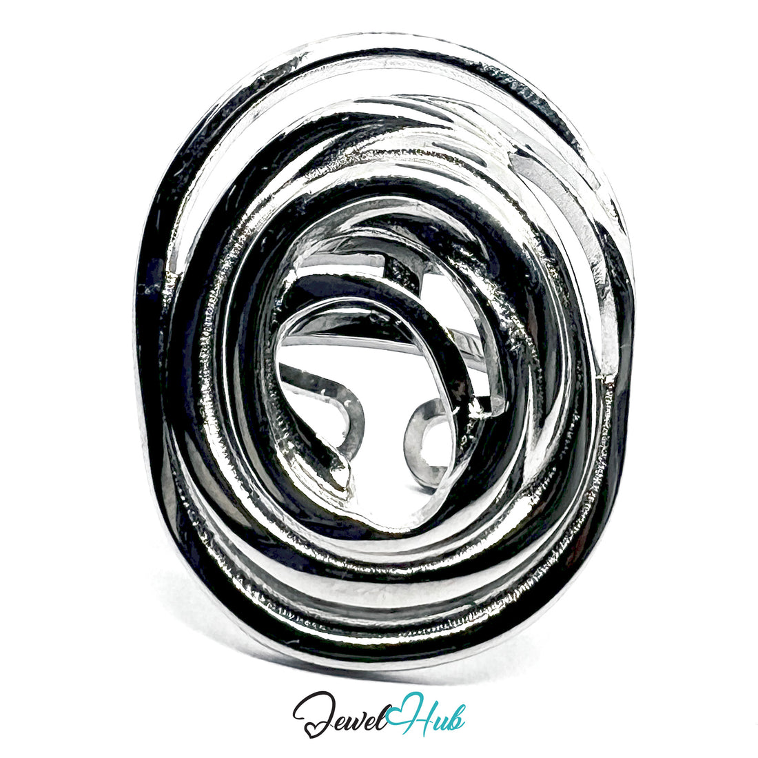 Silver spiral design on a white background with 'Jewel Hub' branding.