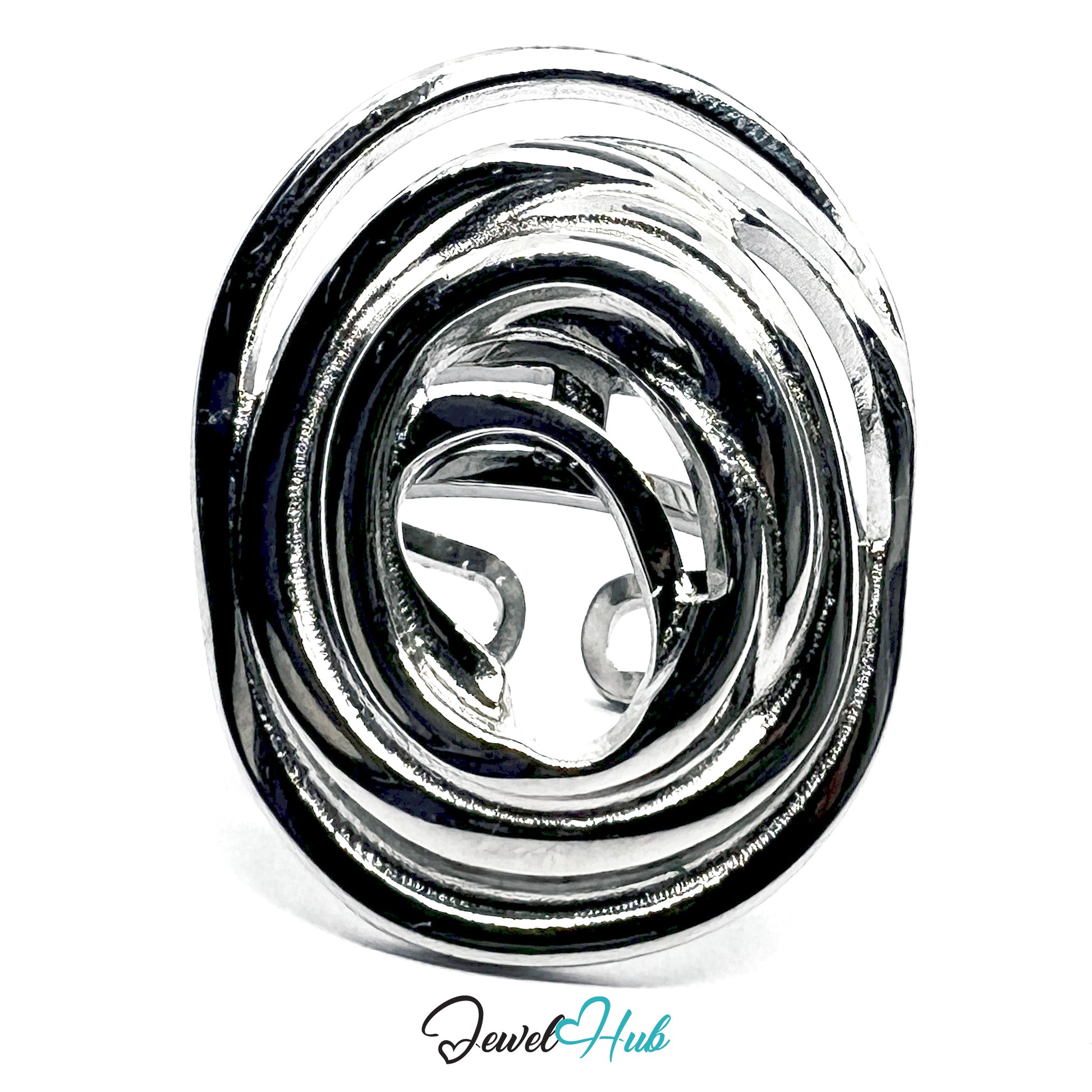 Silver spiral design on a white background with 'Jewel Hub' branding.