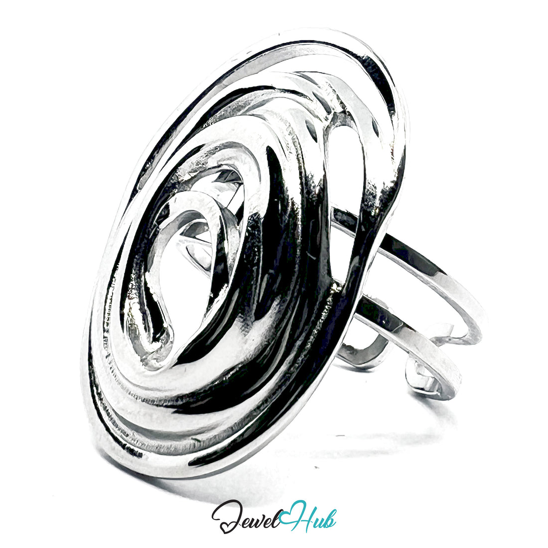 Silver spiral design on a white background with 'Jewel Hub' branding.