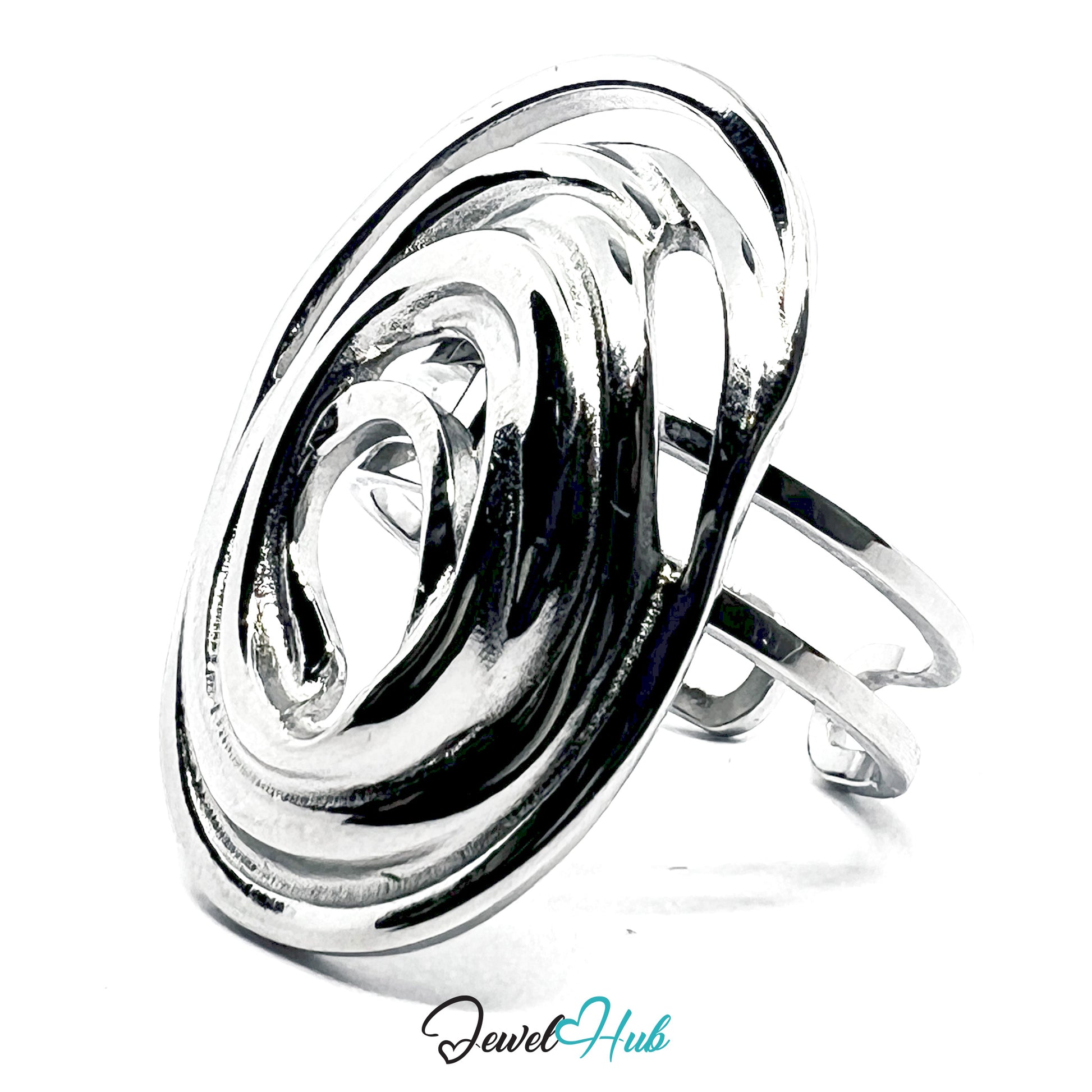 Silver ring with a unique design on a white background, branded 'Jewel Hub'.