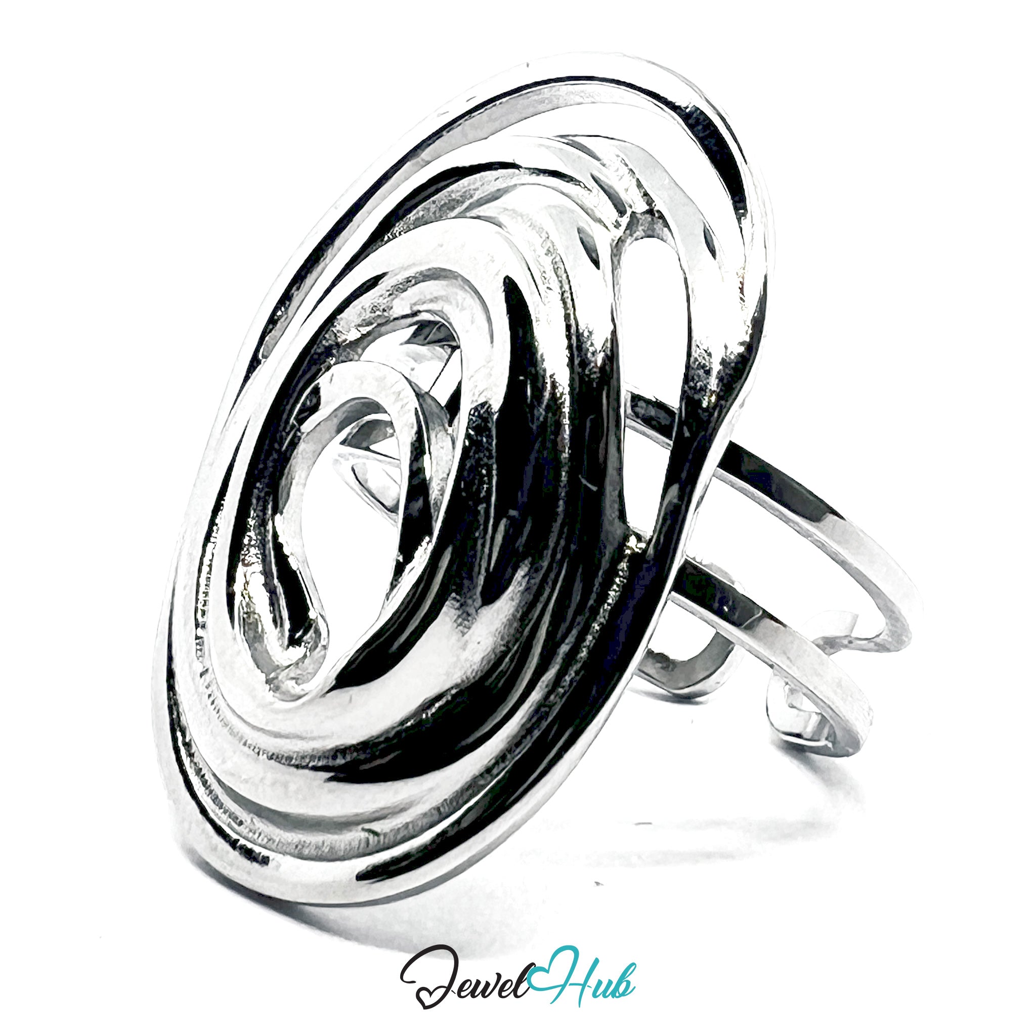 Silver ring with a unique design on a white background, branded 'Jewel Hub'.