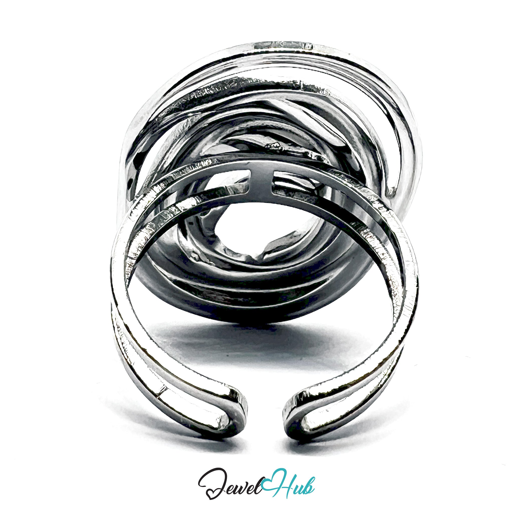 Silver spiral ring on a white background with 'Jewel Hub' branding.