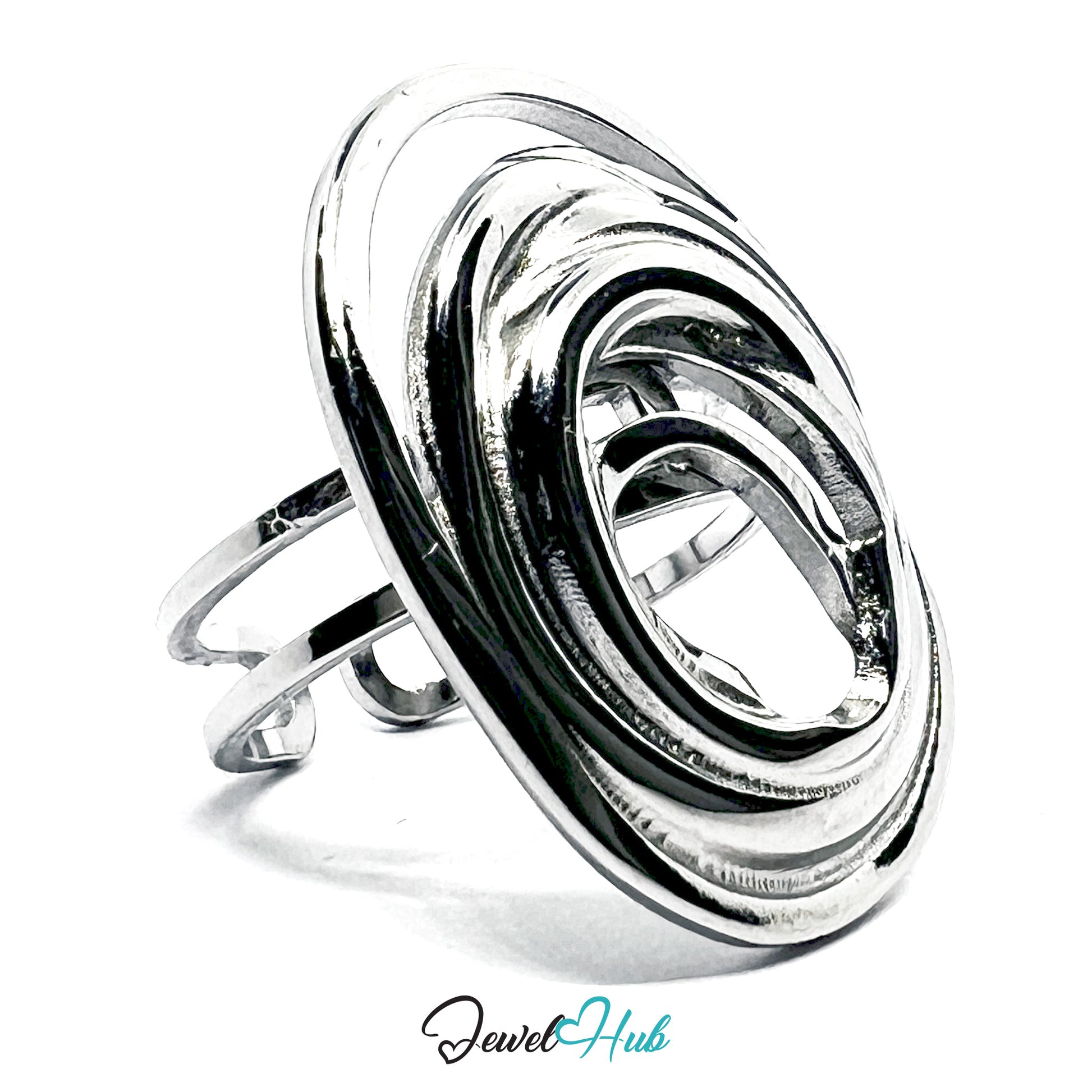 Silver ring with a swirling design on a white background, branded 'Jewel Hub'.