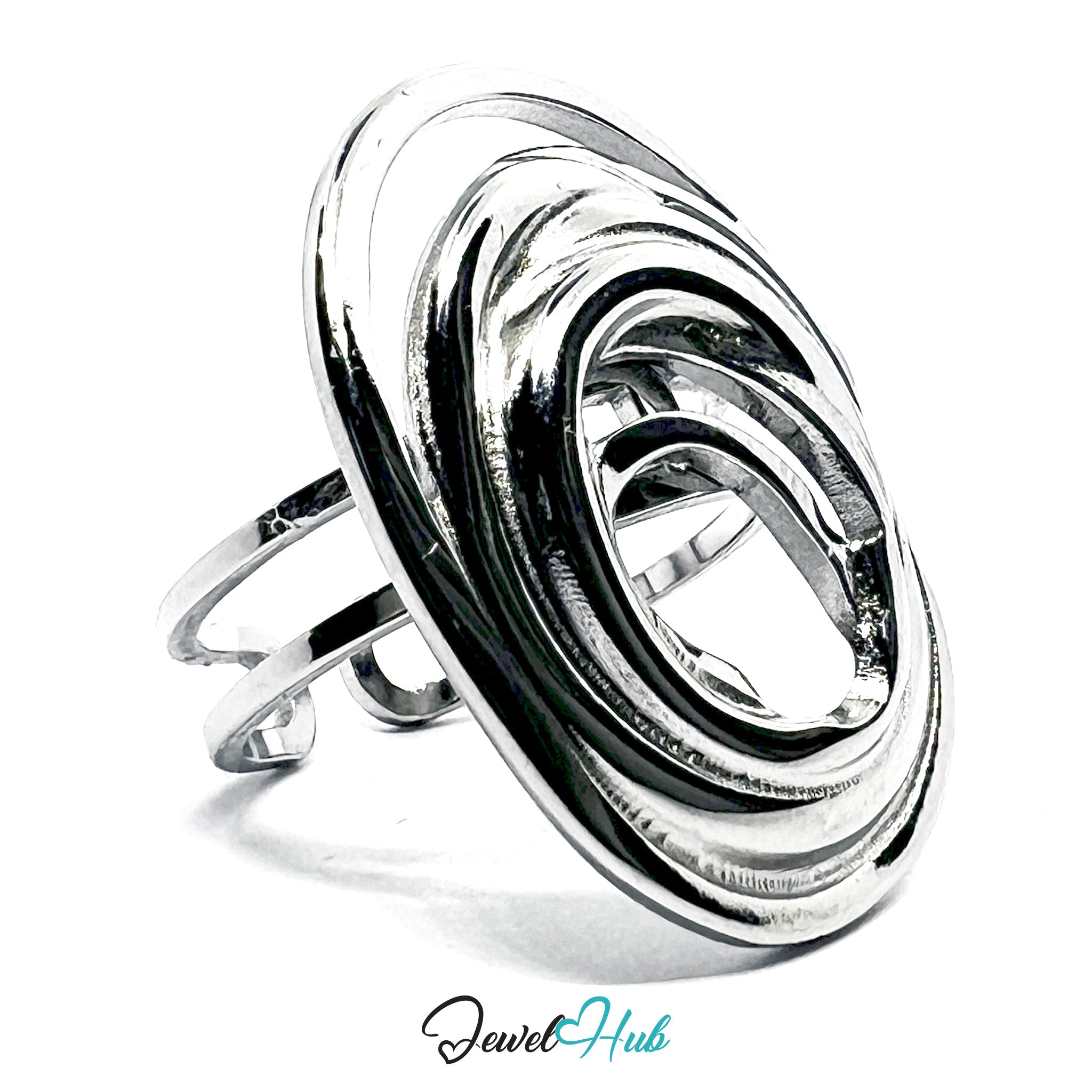 Silver ring with a swirling design on a white background, branded 'Jewel Hub'.