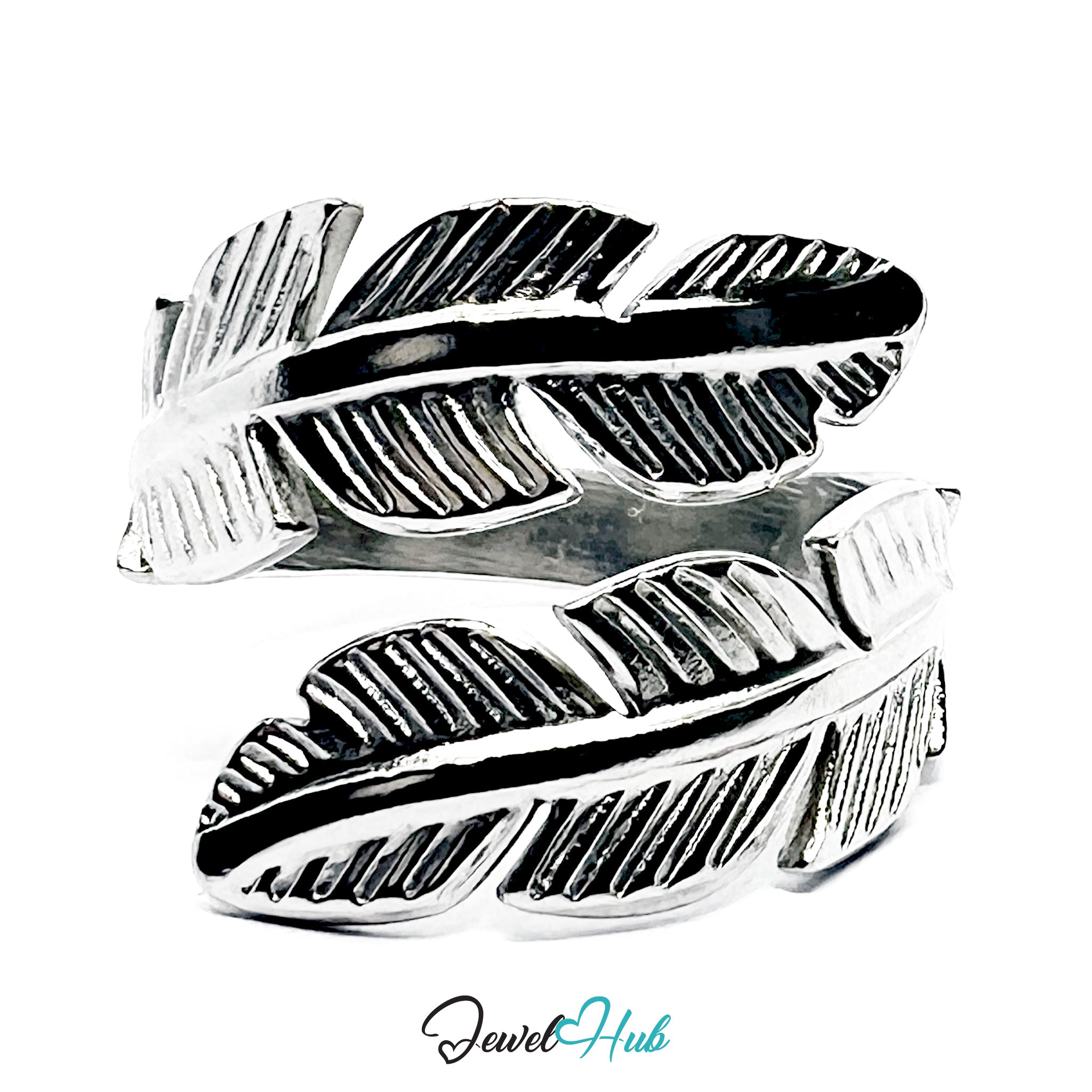 Stainless Steel Silver Feather Ring – Layered Open-End Design