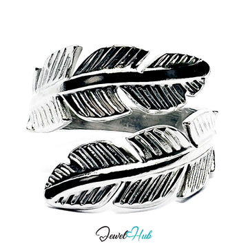Stainless Steel Silver Feather Ring – Layered Open-End Design