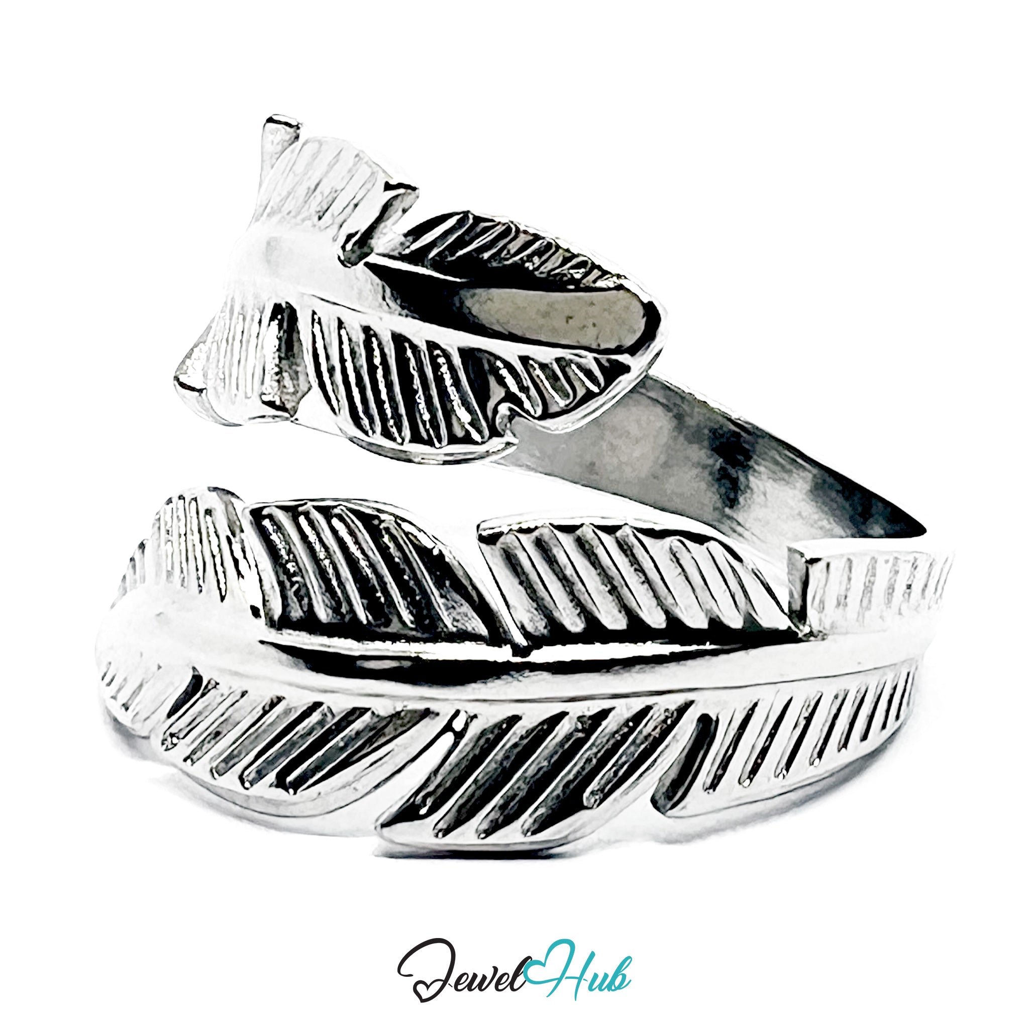 Stainless Steel Silver Feather Ring – Layered Open-End Design