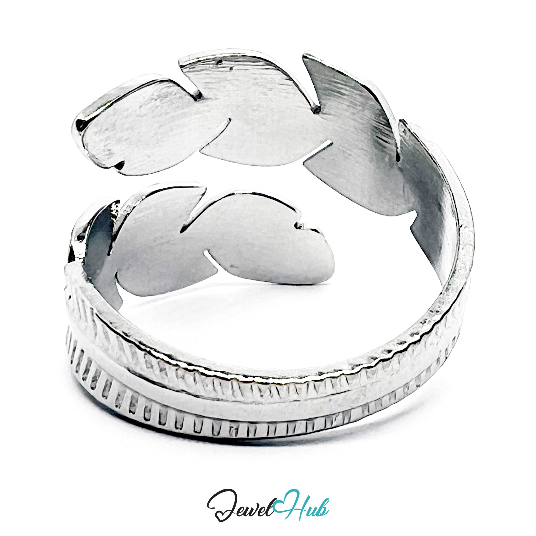 Stainless Steel Silver Feather Ring – Layered Open-End Design