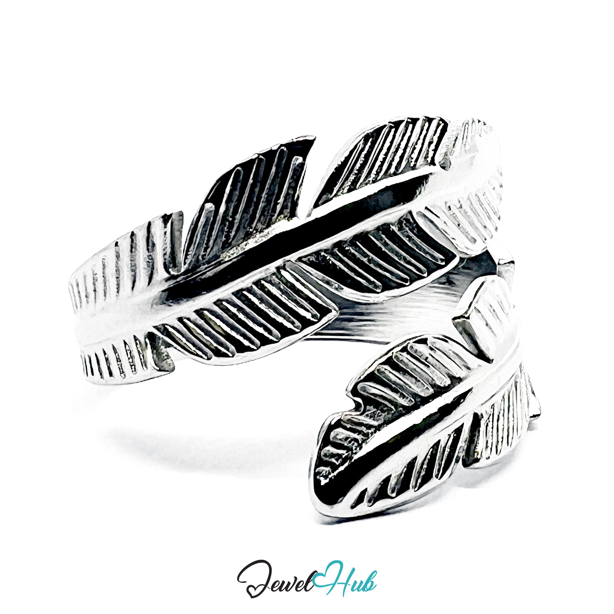 Stainless Steel Silver Feather Ring – Layered Open-End Design