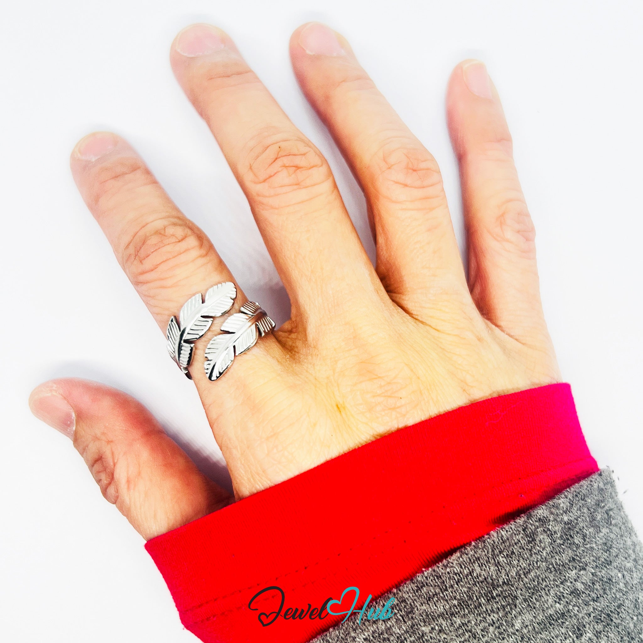 Stainless Steel Silver Feather Ring – Layered Open-End Design