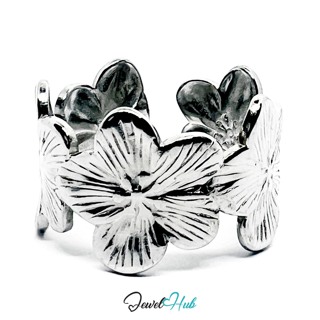 Silver flower-shaped ring on a white background with 'Jewel Hub' branding.
