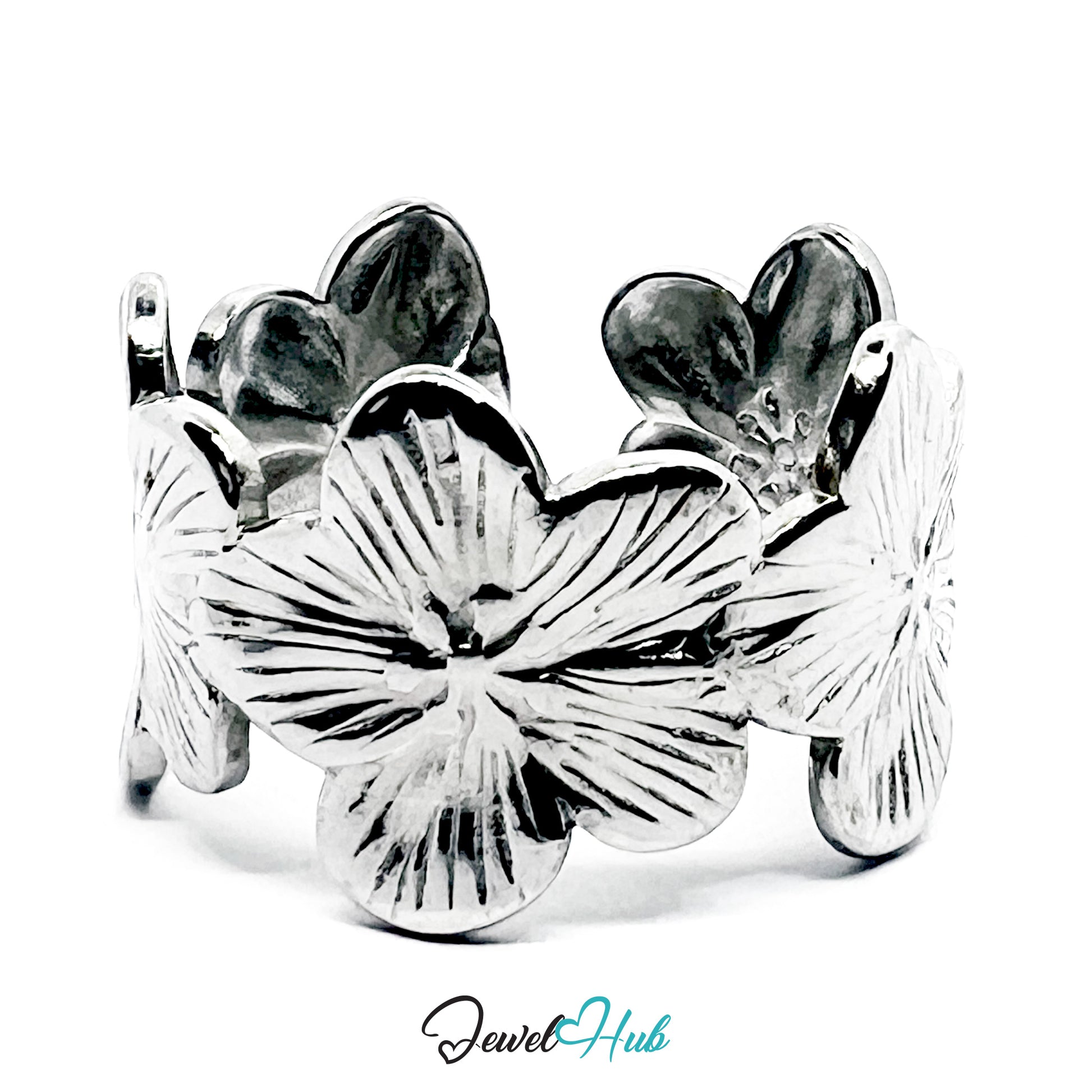 Silver flower-shaped ring on a white background with 'Jewel Hub' branding.