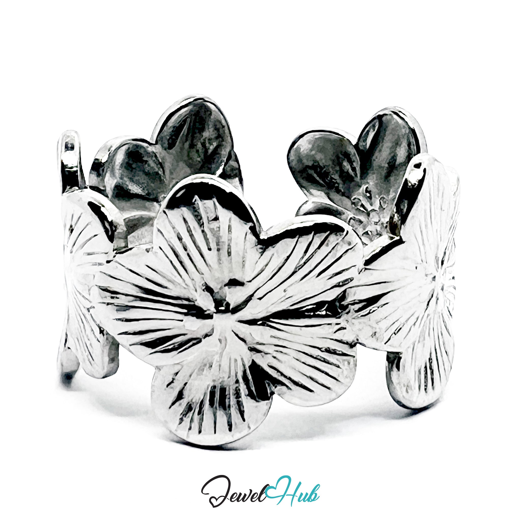 Silver flower-shaped ring on a white background with 'Jewel Hub' branding.