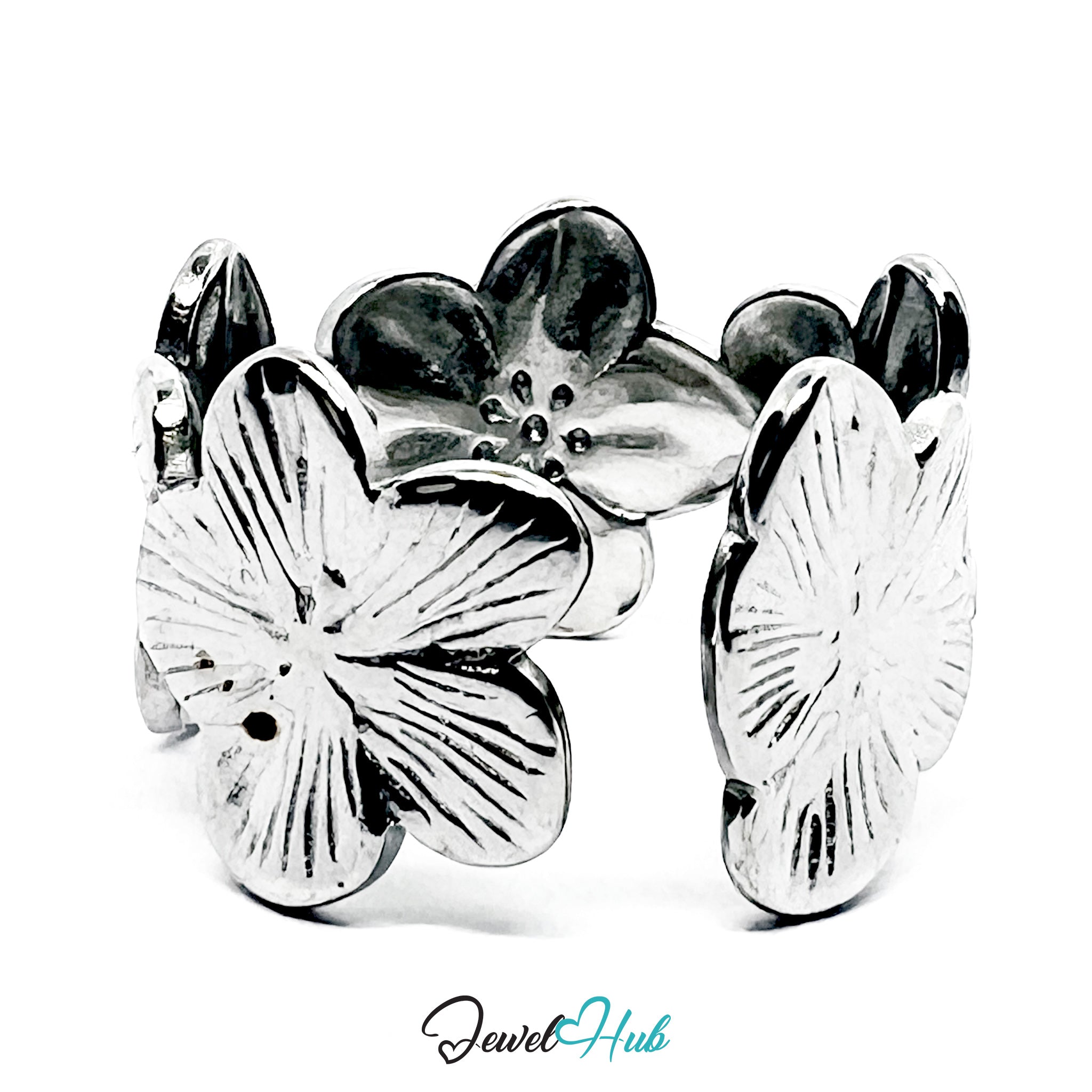Silver floral ring with black accents on a white background, branded 'Jewel Hub'.