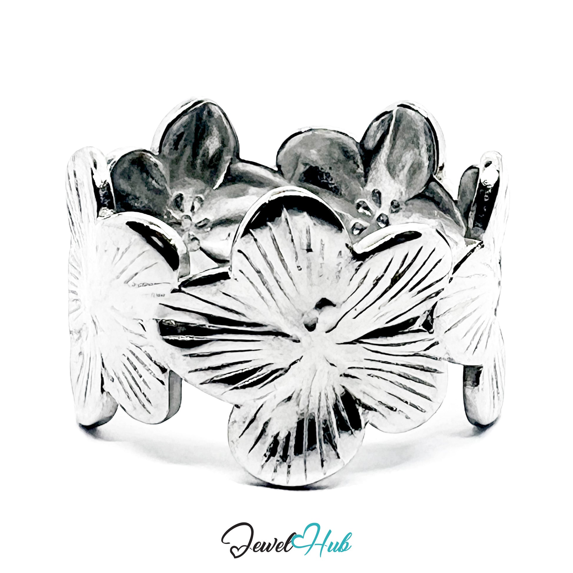 Silver floral cuff bracelet on a white background with 'Jewel Hub' branding.