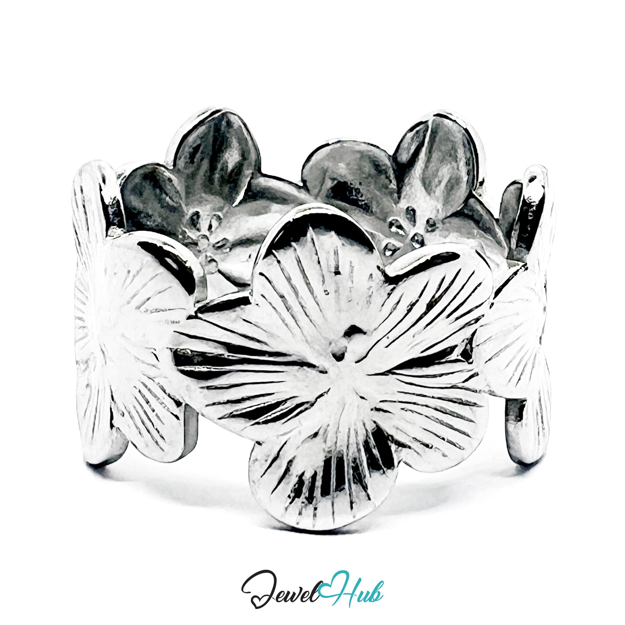 Silver floral cuff bracelet on a white background with 'Jewel Hub' branding.