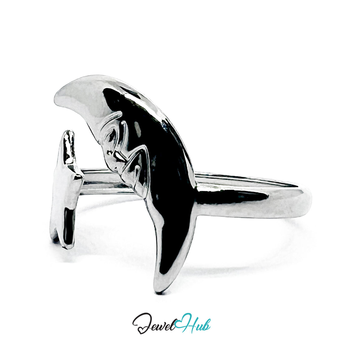 Silver ring with moon and star design on a white background, branded 'Jewel Hub'.