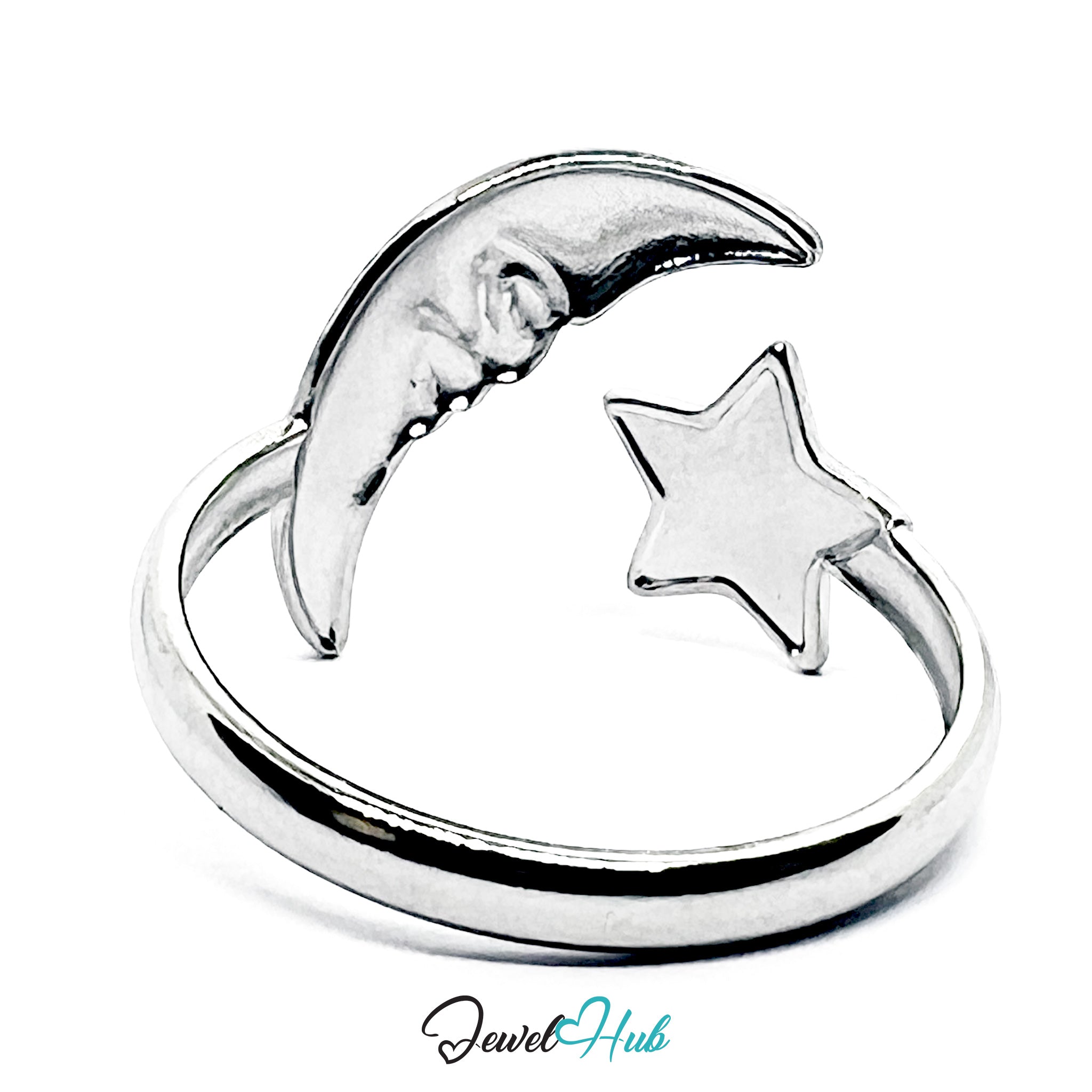 Silver ring with moon and star design on a white background, branded 'Jewel Hub'.