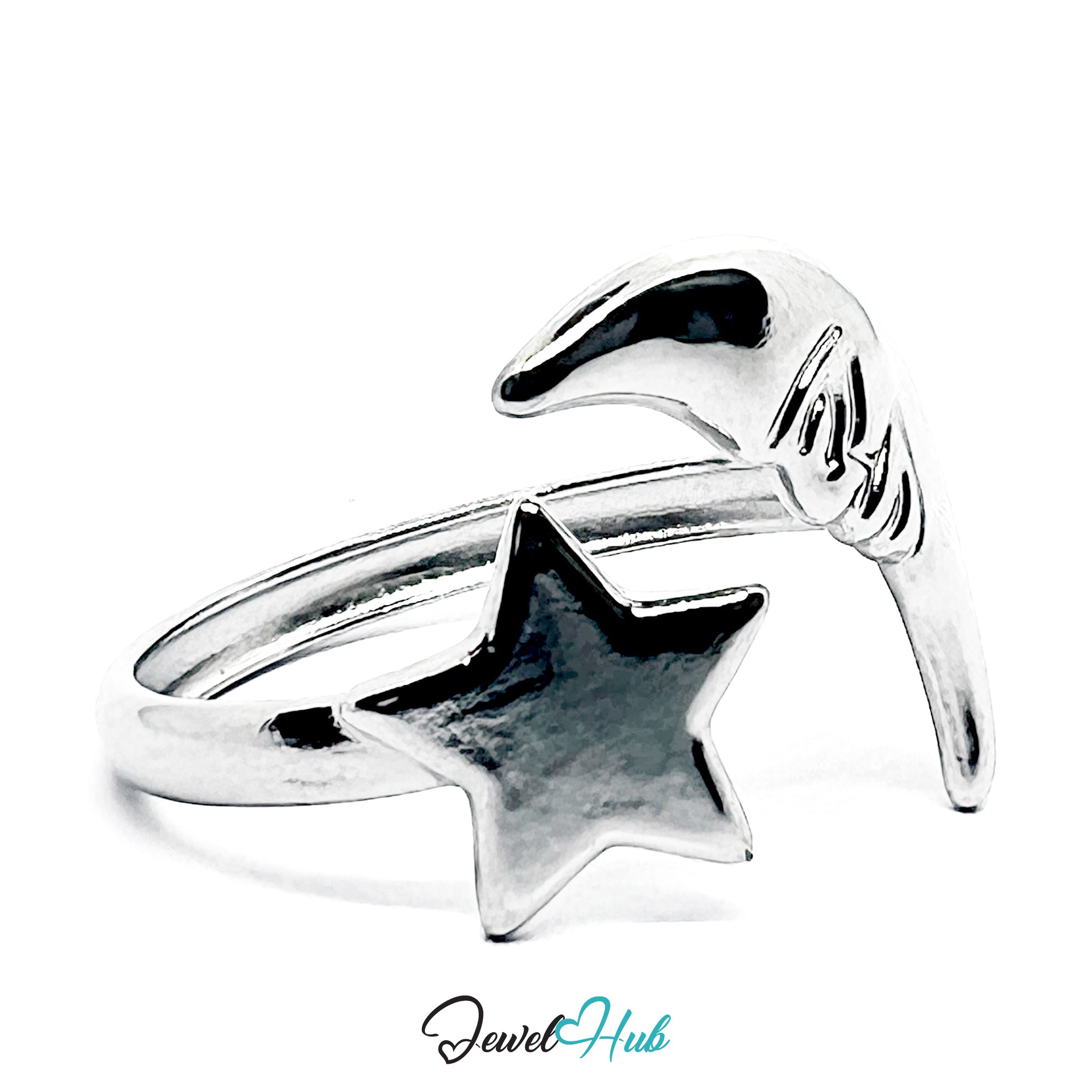Silver star-shaped ring on a white background with 'Jewel Hub' branding.
