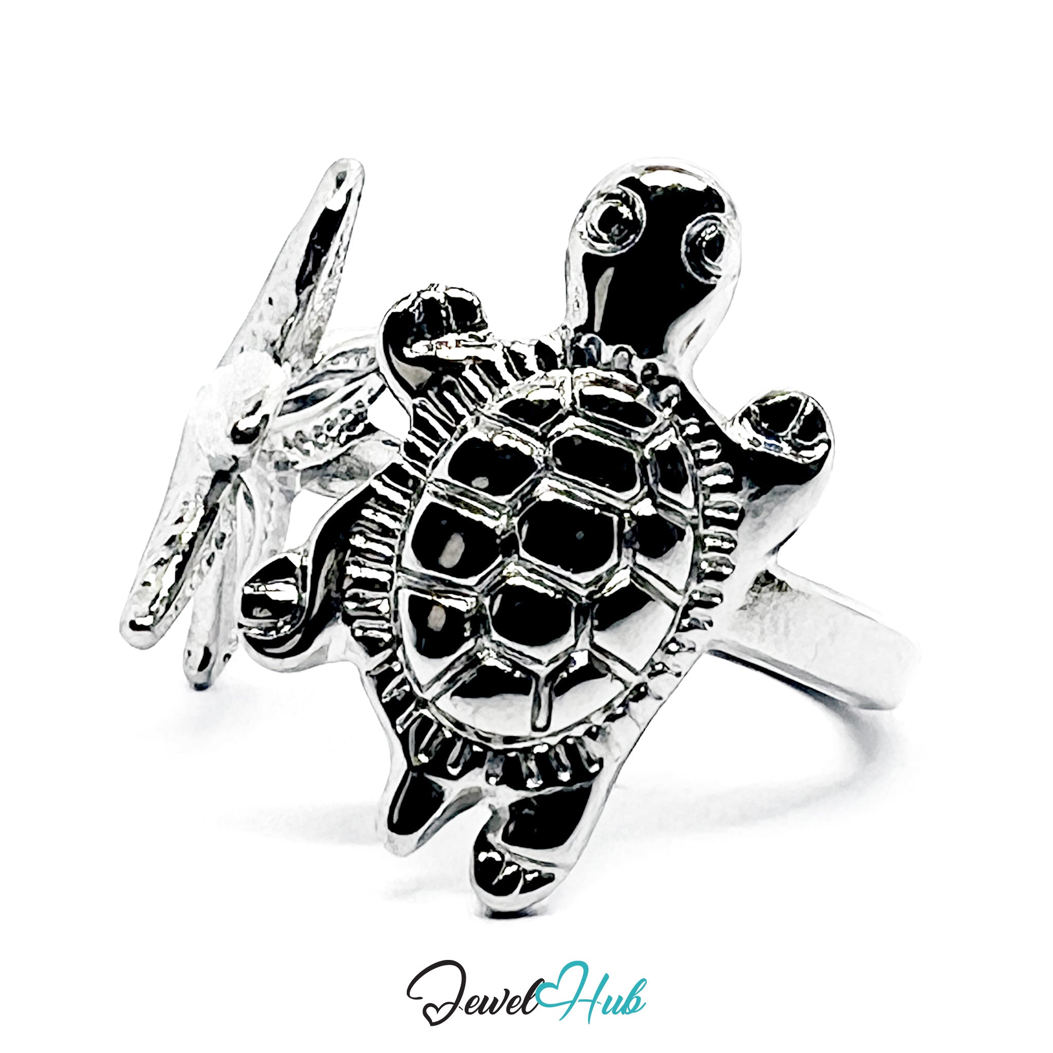 Silver turtle-shaped ring on a white background with 'Jewel Hub' branding.