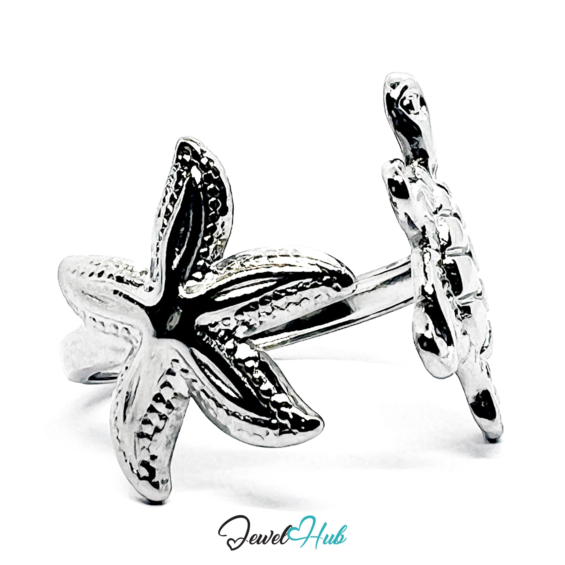 Silver starfish-shaped earring on a white background with 'Jewel Hub' branding.