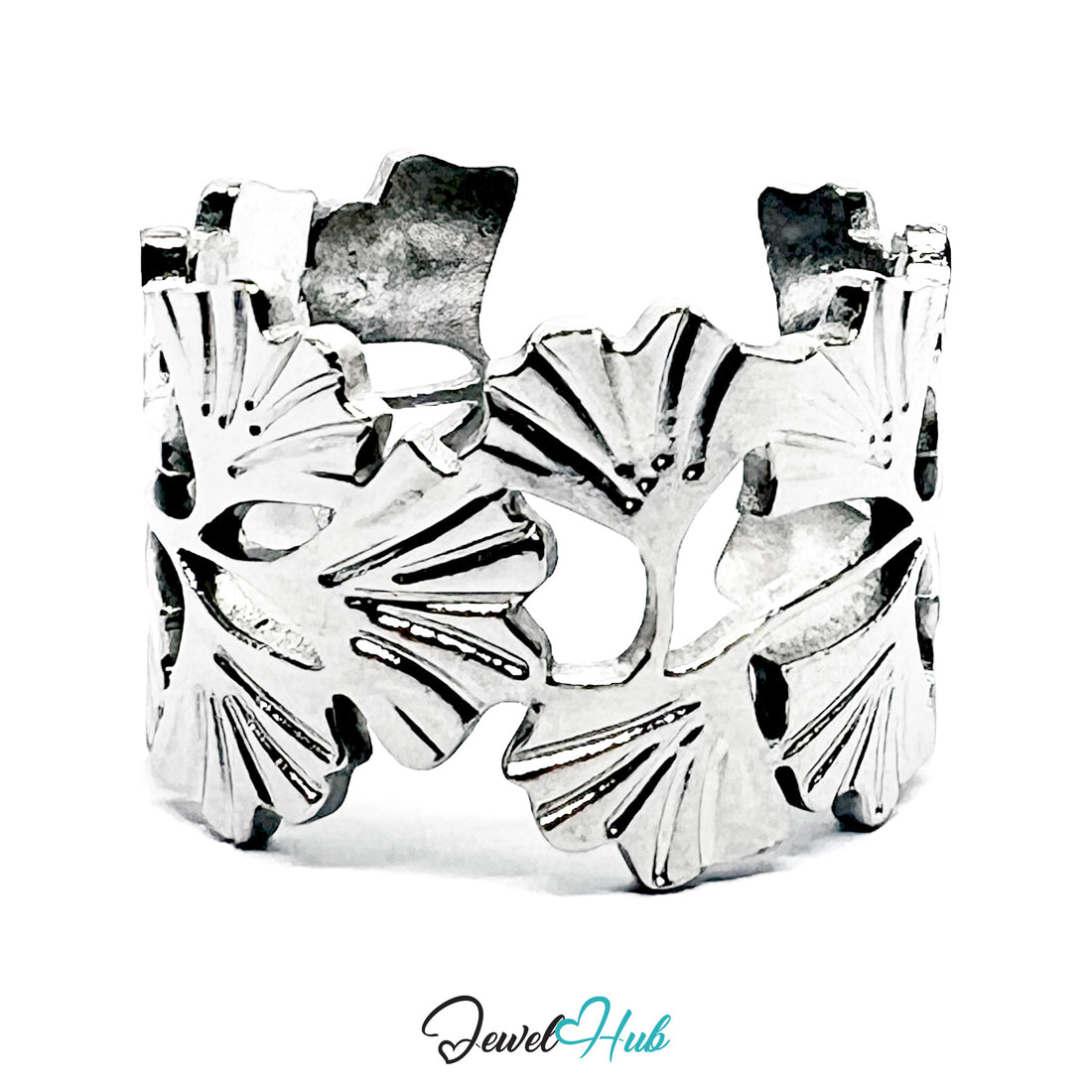 Silver cuff Ring with floral patterns on a white background, branded 'Jewel Hub'.